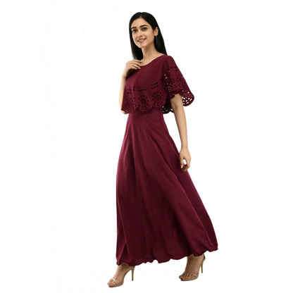 Women's Crepe Solid Sleeveless Full Length Gown(Wine)