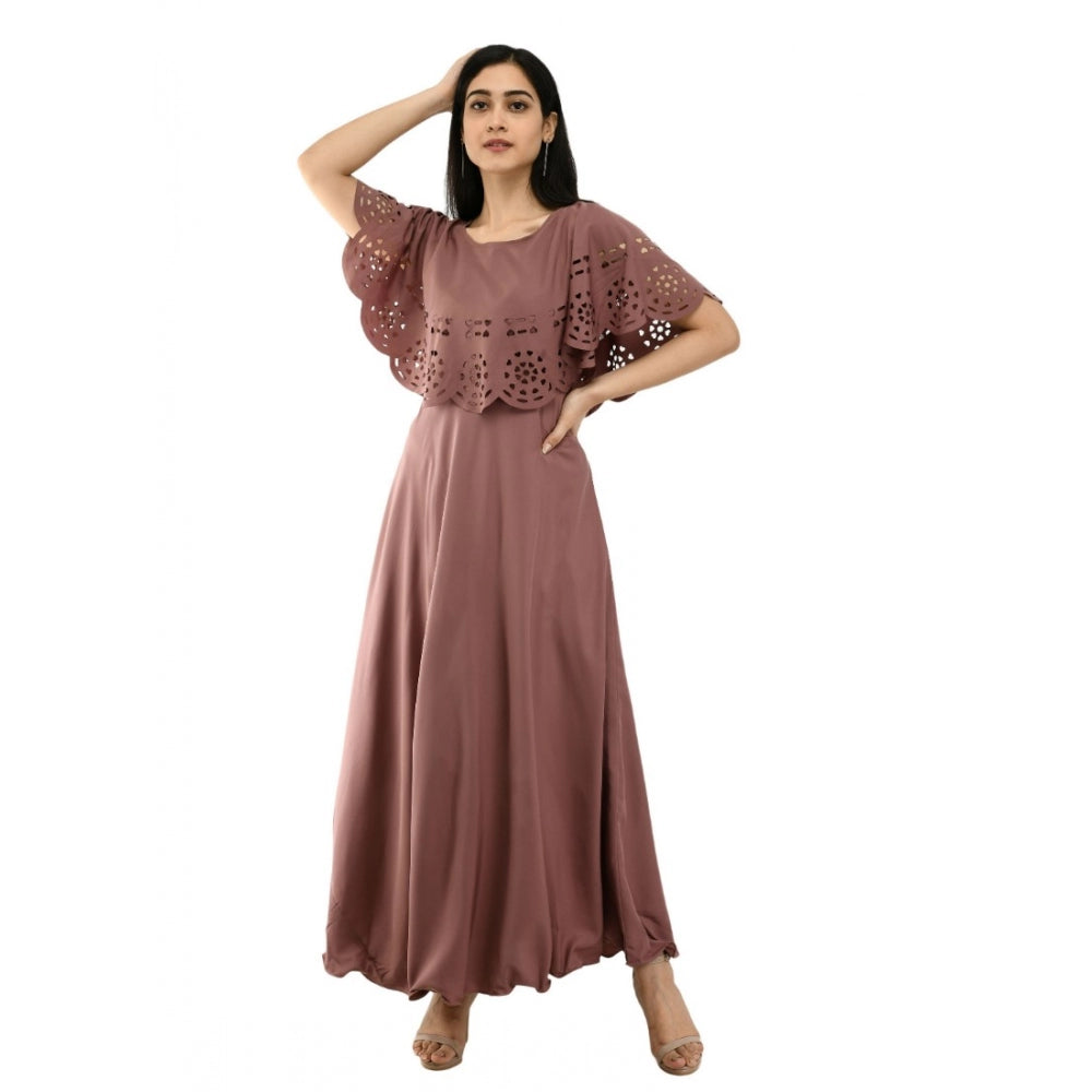 Women's Crepe Solid Sleeveless Full Length Gown(Brown)