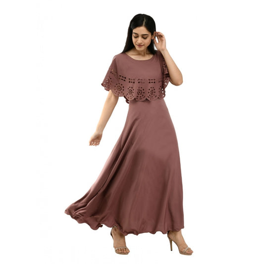 Women's Crepe Solid Sleeveless Full Length Gown(Brown)