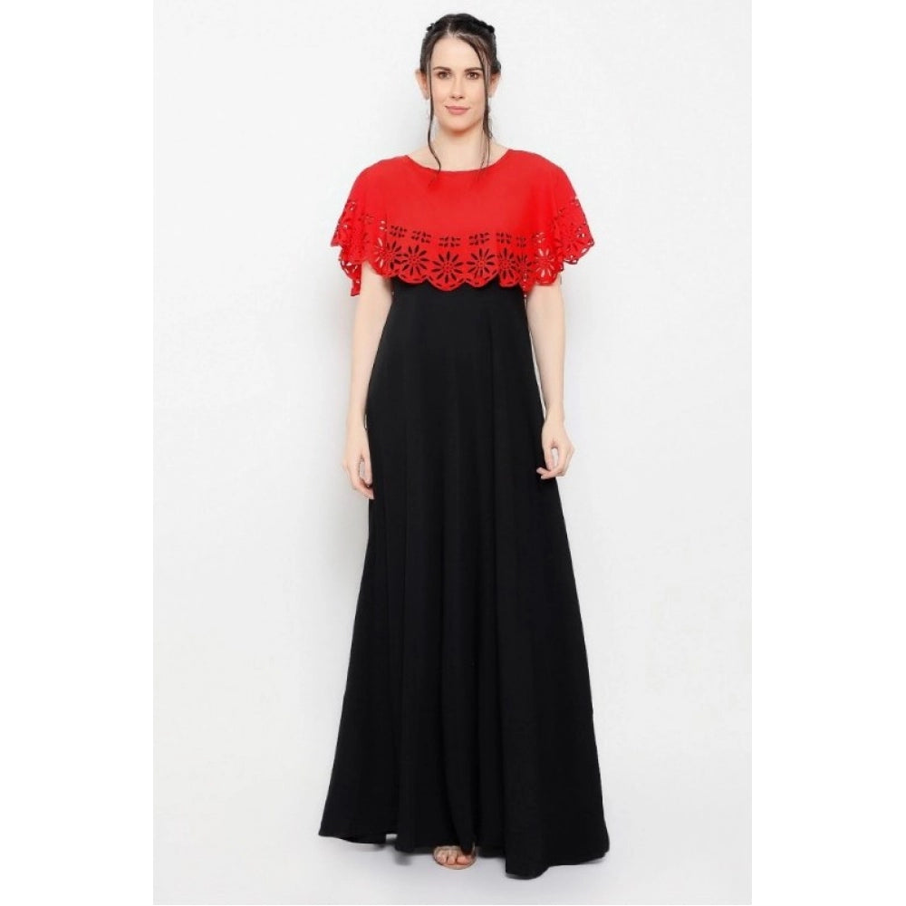 Women's Crepe Solid Sleeveless Full Length Gown(Red Black)