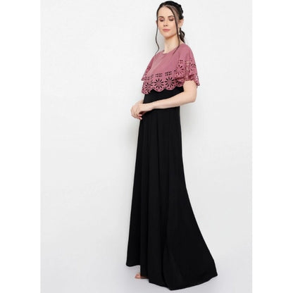 Women's Crepe Solid Sleeveless Full Length Gown(Peach Black)