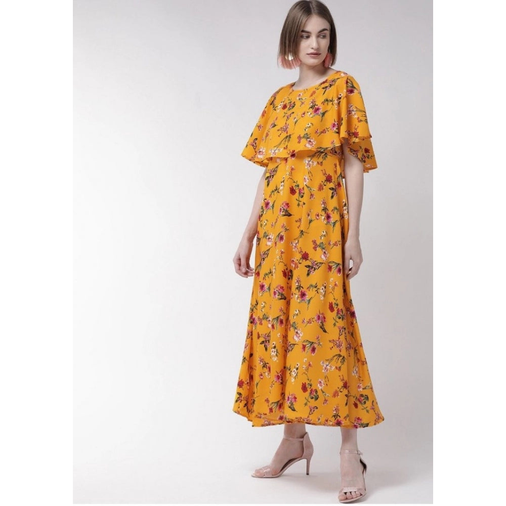 Women's Crepe Floral Half Sleeves Full Length Gown(Yellow)