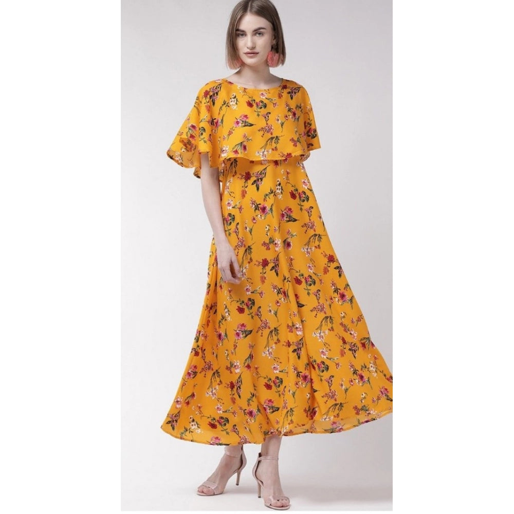 Women's Crepe Floral Half Sleeves Full Length Gown(Yellow)