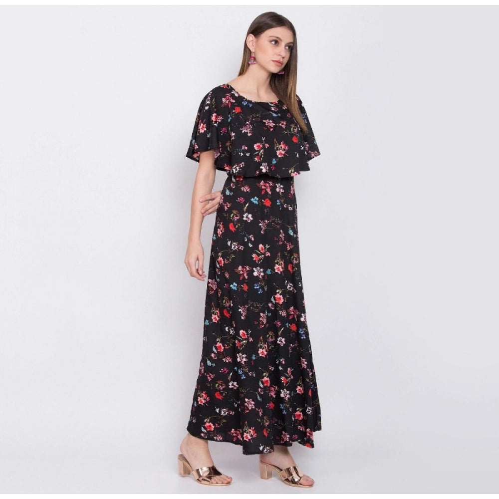 Women's Crepe Floral Half Sleeves Full Length Gown(Black)