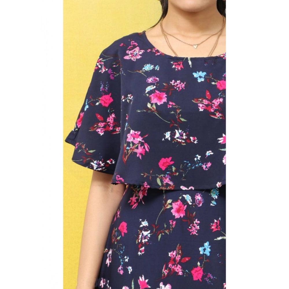 Women's Crepe Floral Half Sleeves Full Length Gown(Dark Blue)