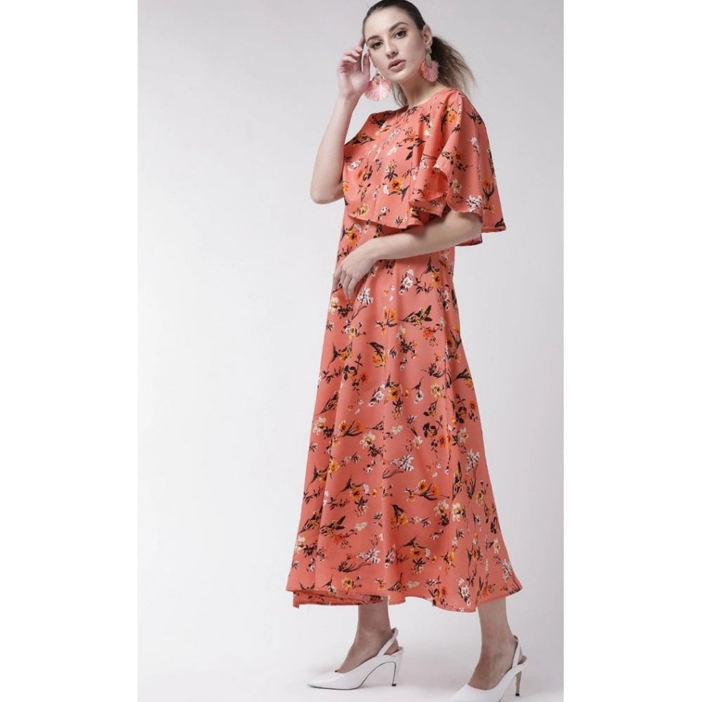 Women's Crepe Floral Half Sleeves Full Length Gown(Orange)