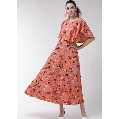 Women's Crepe Floral Half Sleeves Full Length Gown(Orange)