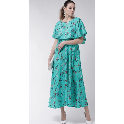 Women's Crepe Floral Half Sleeves Full Length Gown(Turquoise)