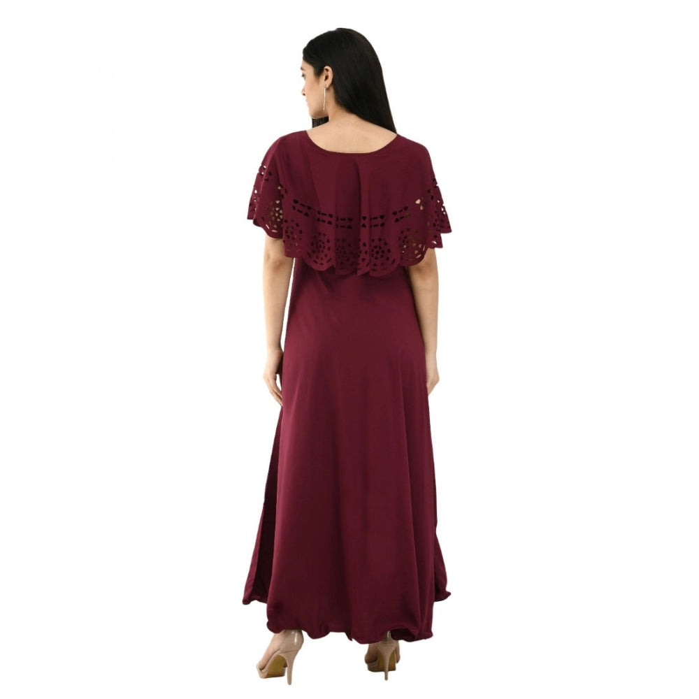 Women's Crepe Solid Sleeveless Full Length Gown(Wine)