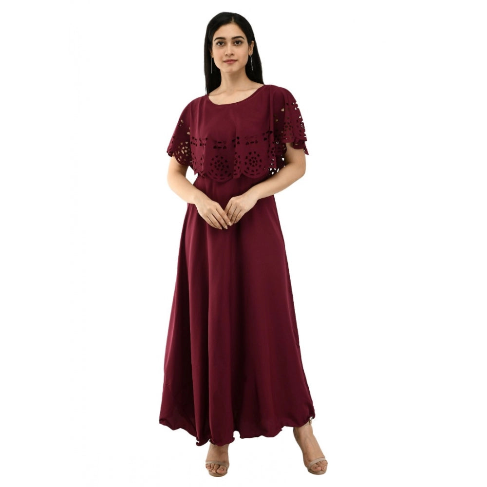 Women's Crepe Solid Sleeveless Full Length Gown(Wine)