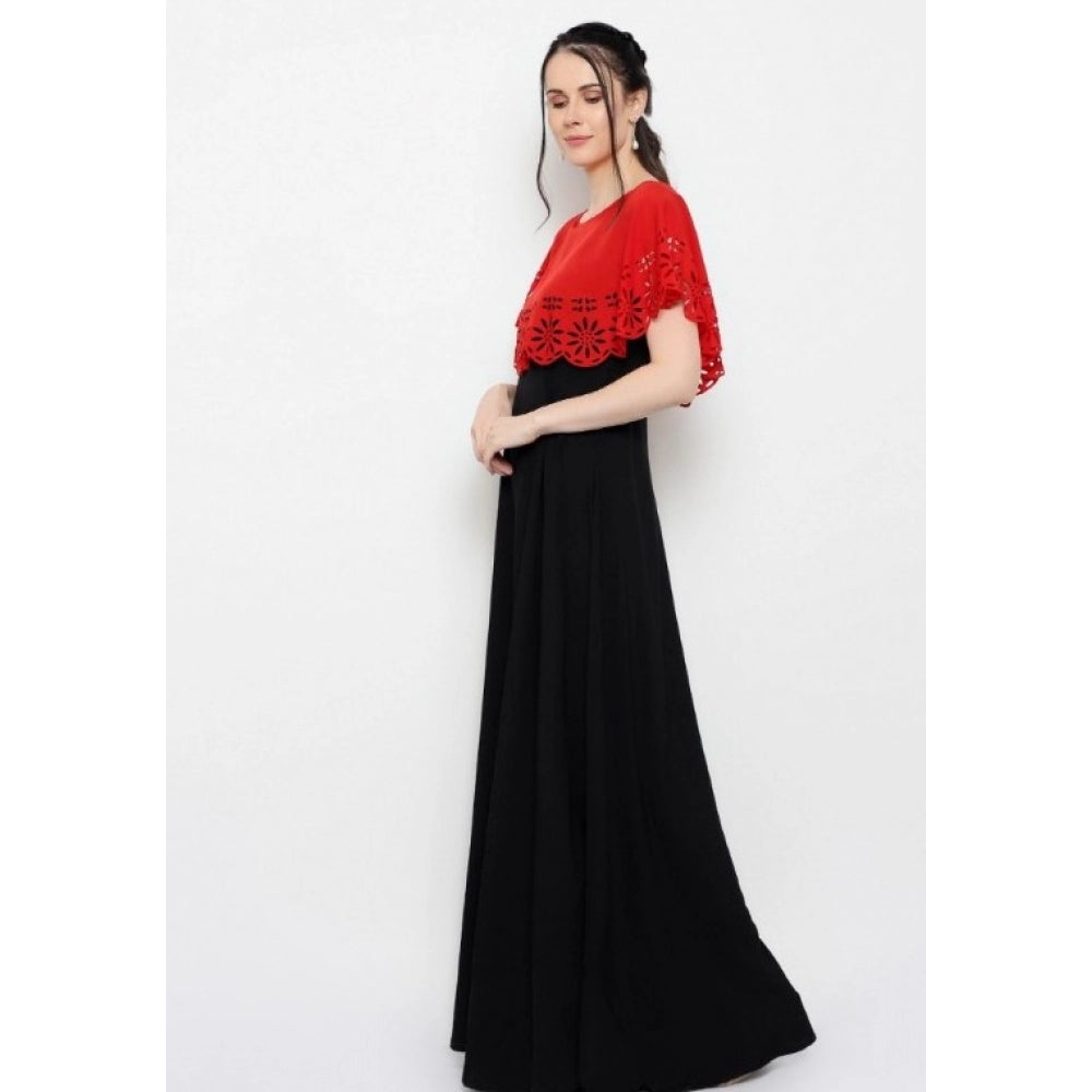 Women's Crepe Solid Sleeveless Full Length Gown(Red Black)