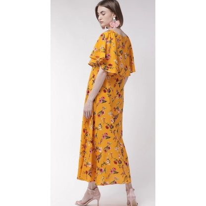 Women's Crepe Floral Half Sleeves Full Length Gown(Yellow)