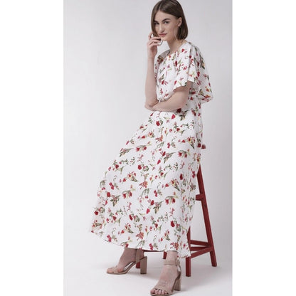 Women's Crepe Floral Half Sleeves Full Length Gown(White)