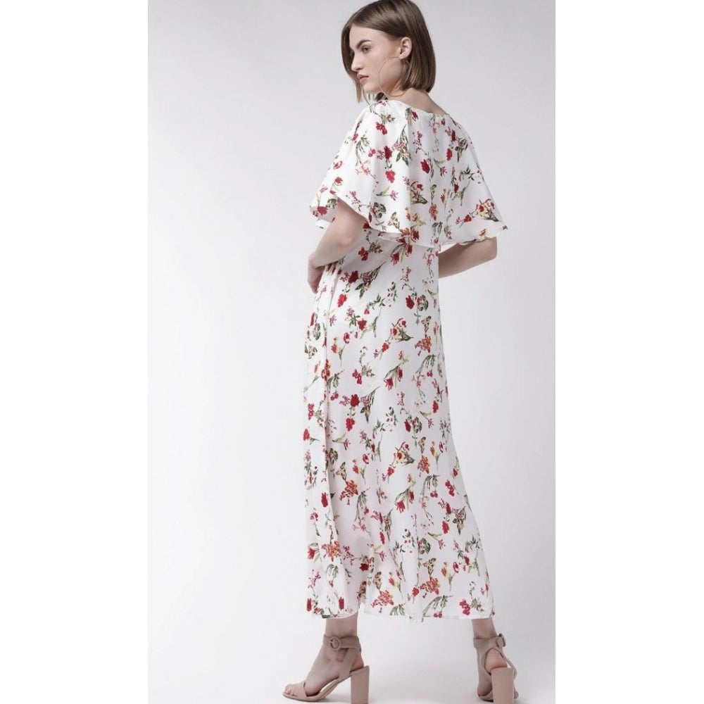 Women's Crepe Floral Half Sleeves Full Length Gown(White)