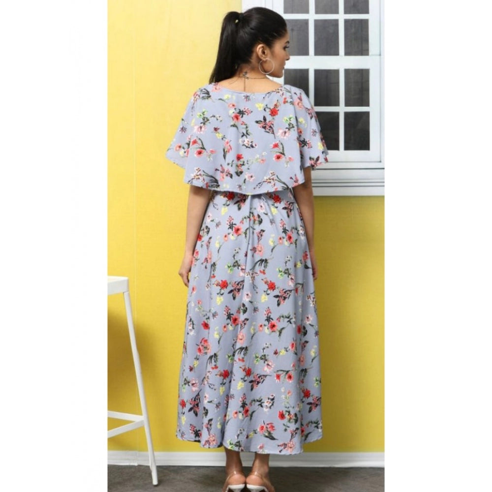 Women's Crepe Floral Half Sleeves Full Length Gown(Light Grey)