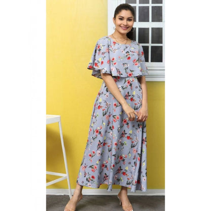 Women's Crepe Floral Half Sleeves Full Length Gown(Light Grey)