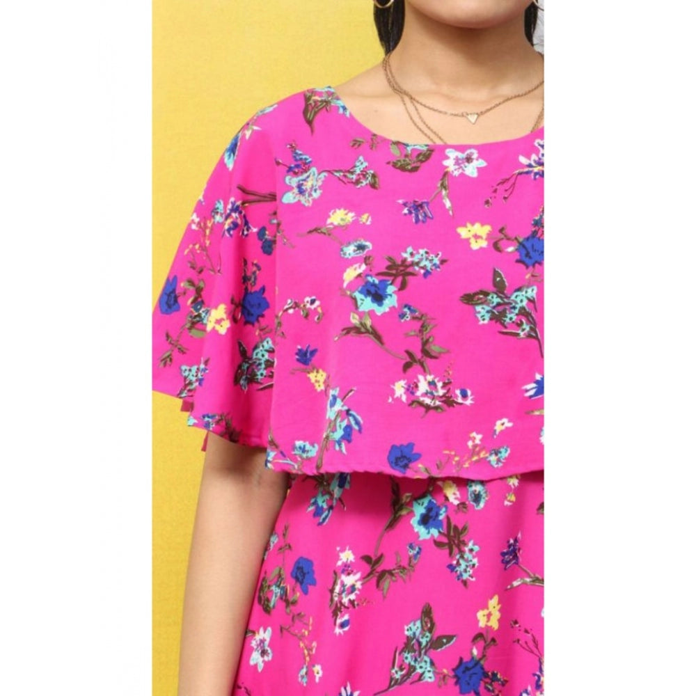 Women's Crepe Floral Half Sleeves Full Length Gown(Pink)