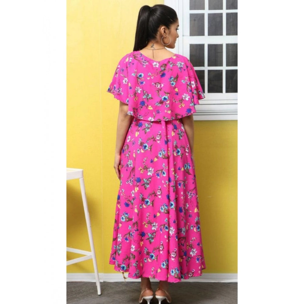 Women's Crepe Floral Half Sleeves Full Length Gown(Pink)