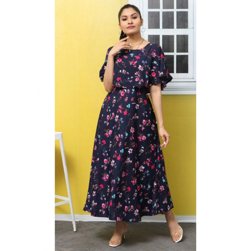 Women's Crepe Floral Half Sleeves Full Length Gown(Dark Blue)