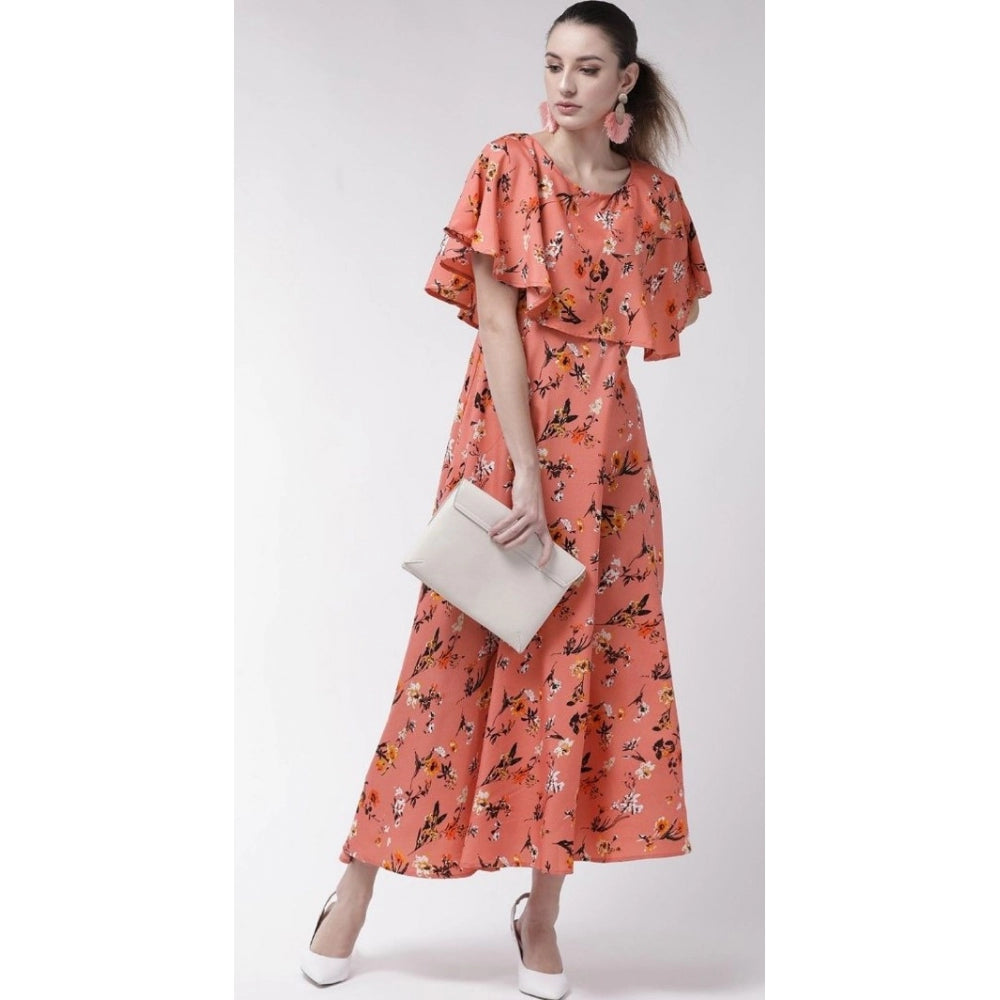 Women's Crepe Floral Half Sleeves Full Length Gown(Orange)