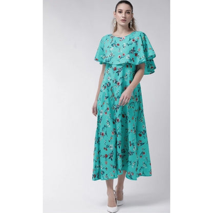 Women's Crepe Floral Half Sleeves Full Length Gown(Turquoise)