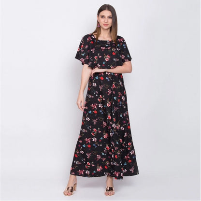 Women's Crepe Floral Half Sleeves Full Length Gown(Black)