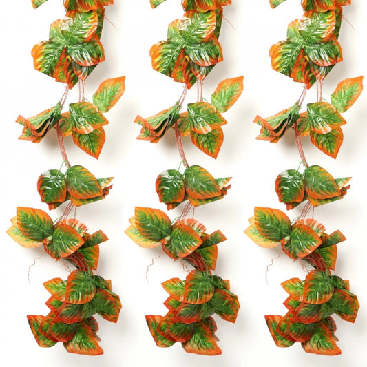 Pack Of 3 Silk Polyester Artificial Shaded Orange Green Leaf Vine Hanging Garland Foliage Flowers Leaf Plants For Wall Decoration (Color: Orange-Green,Length: 15 Feet)