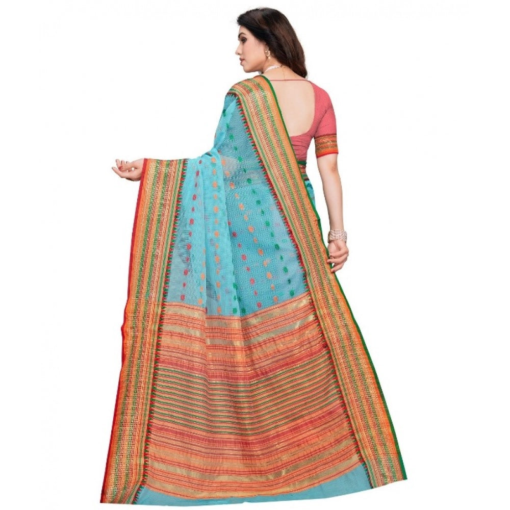 Women's Kota Doria Cotton Woven Butta Saree With Blouse (Sky Blue, 5-6 Mtrs)