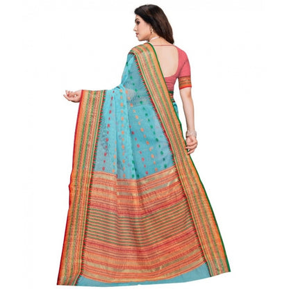 Women's Kota Doria Cotton Woven Butta Saree With Blouse (Sky Blue, 5-6 Mtrs)