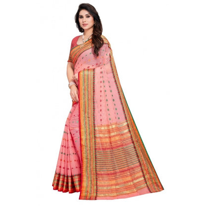 Women's Kota Doria Cotton Woven Butta Saree With Blouse (Pink, 5-6 Mtrs)