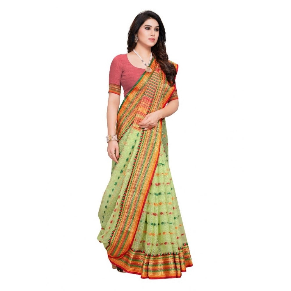 Women's Kota Doria Cotton Woven Butta Saree With Blouse (Light Green, 5-6 Mtrs)