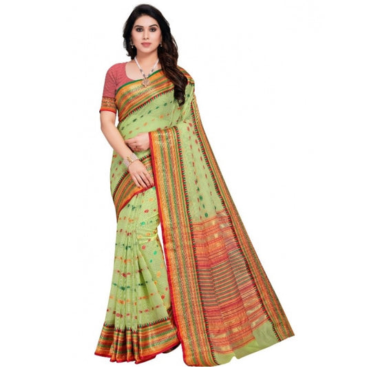 Women's Kota Doria Cotton Woven Butta Saree With Blouse (Light Green, 5-6 Mtrs)