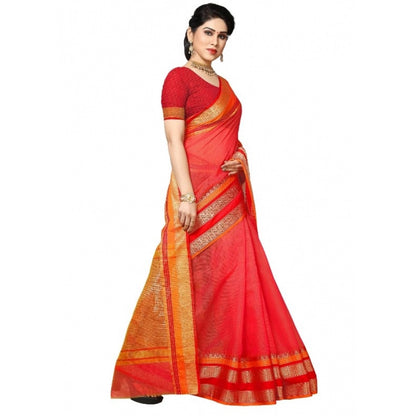 Women's Kota Doria Cotton Border Saree With Blouse (Pink, 5-6 Mtrs)