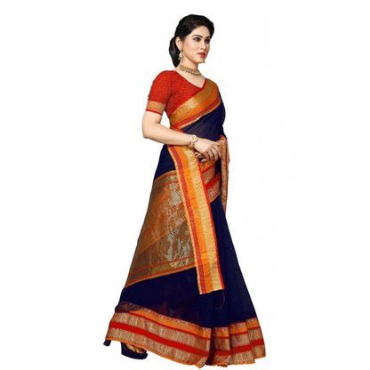 Women's Kota Doria Cotton Border Saree With Blouse (Navy Blue, 5-6 Mtrs)