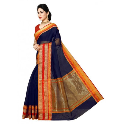 Women's Kota Doria Cotton Border Saree With Blouse (Navy Blue, 5-6 Mtrs)