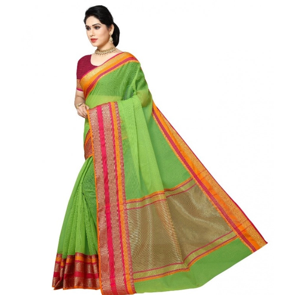 Women's Kota Doria Cotton Border Saree With Blouse (Light Green, 5-6 Mtrs)