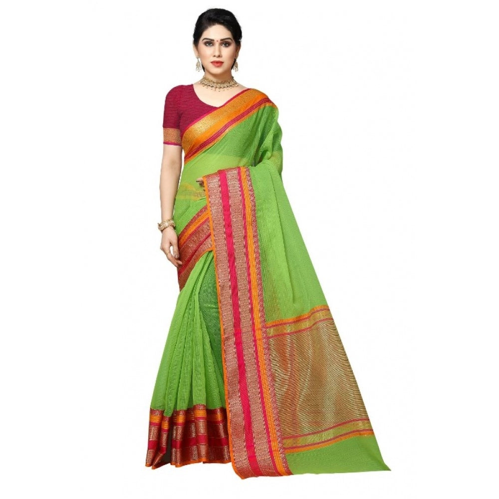 Women's Kota Doria Cotton Border Saree With Blouse (Light Green, 5-6 Mtrs)