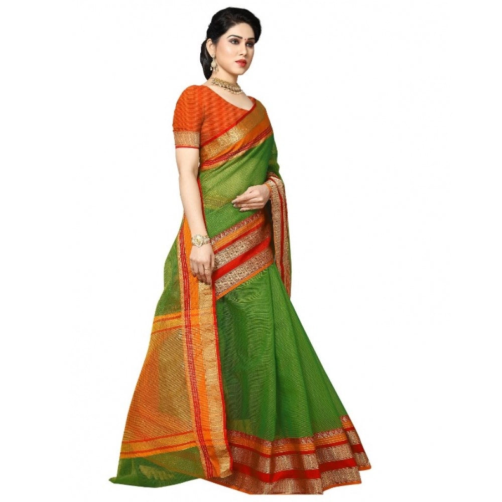 Women's Kota Doria Cotton Border Saree With Blouse (Green, 5-6 Mtrs)