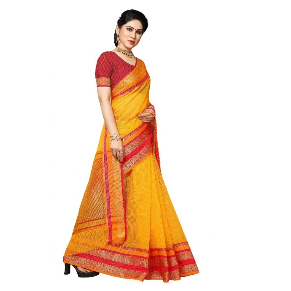 Women's Kota Doria Cotton Border Saree With Blouse (Gold, 5-6 Mtrs)