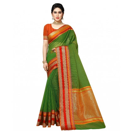 Women's Kota Doria Cotton Border Saree With Blouse (Green, 5-6 Mtrs)