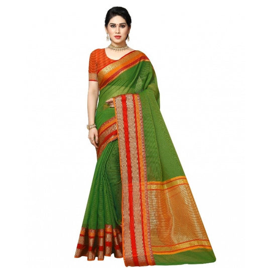 Women's Kota Doria Cotton Border Saree With Blouse (Green, 5-6 Mtrs)