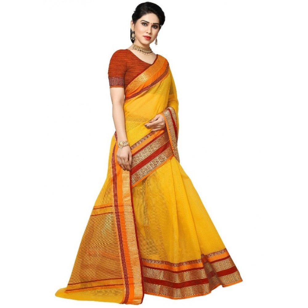 Women's Kota Doria Cotton Border Saree With Blouse (Yellow, 5-6 Mtrs)