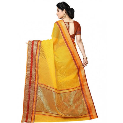 Women's Kota Doria Cotton Border Saree With Blouse (Yellow, 5-6 Mtrs)