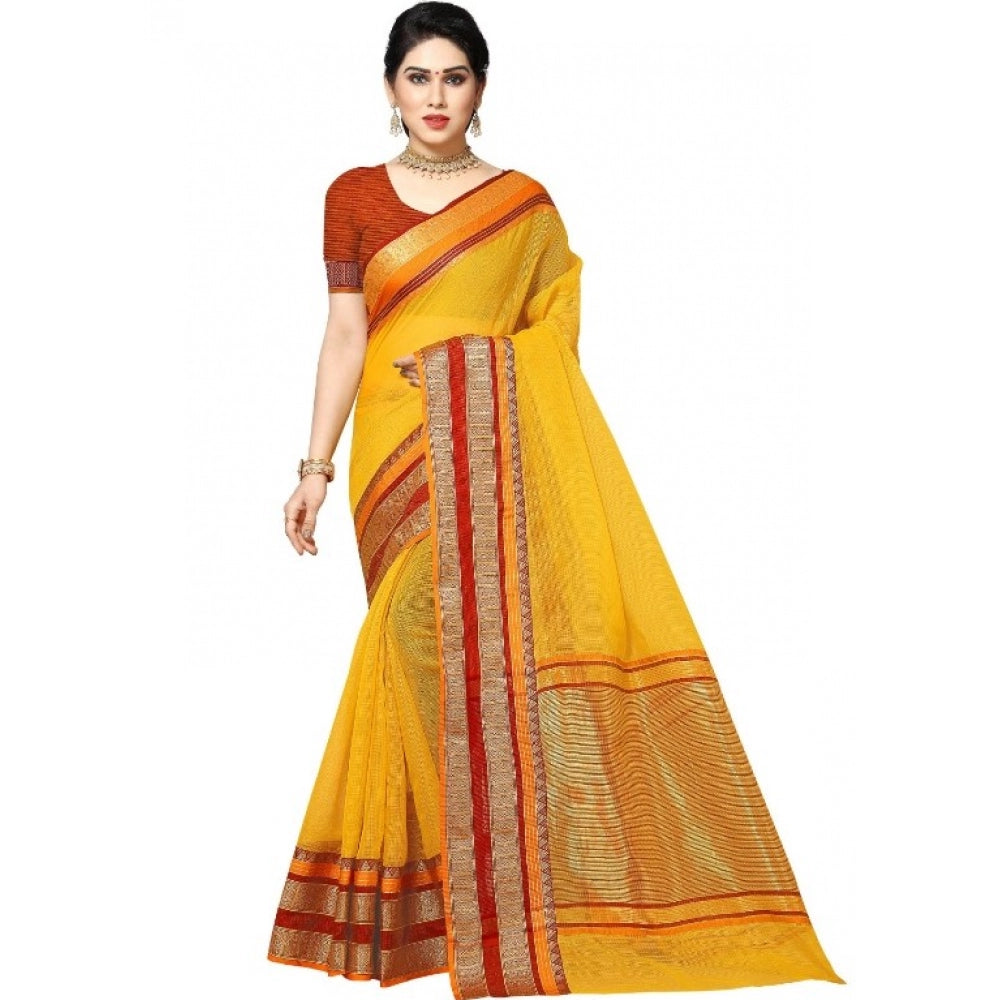 Women's Kota Doria Cotton Border Saree With Blouse (Yellow, 5-6 Mtrs)