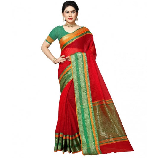 Women's Kota Doria Cotton Border Saree With Blouse (Red, 5-6 Mtrs)