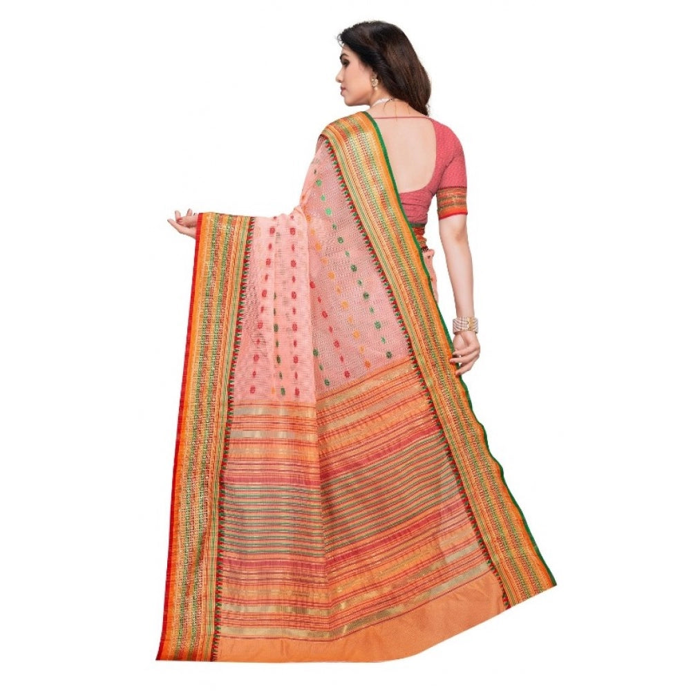 Women's Kota Doria Cotton Woven Butta Saree With Blouse (Peach, 5-6 Mtrs)