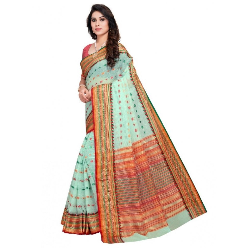 Women's Kota Doria Cotton Woven Butta Saree With Blouse (Pista, 5-6 Mtrs)