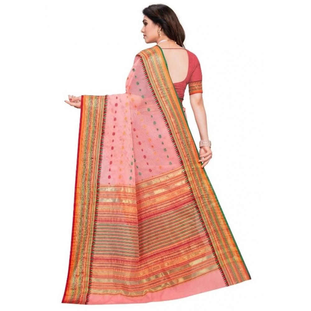 Women's Kota Doria Cotton Woven Butta Saree With Blouse (Pink, 5-6 Mtrs)