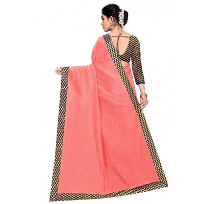 Women's Chanderi Cotton Lace Border Saree With Blouse (Peach, 5-6 Mtrs)