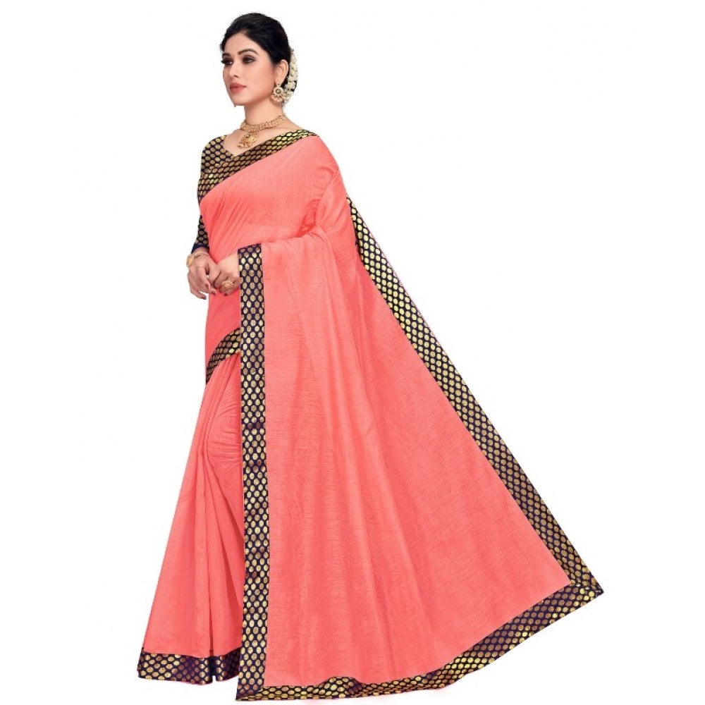 Women's Chanderi Cotton Lace Border Saree With Blouse (Peach, 5-6 Mtrs)